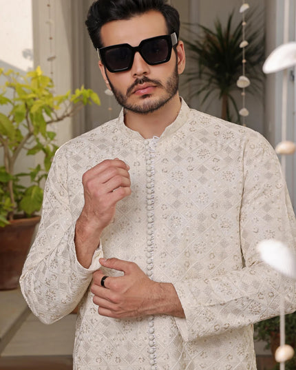 Luxury Beige Embroidered Kurta Pyjama