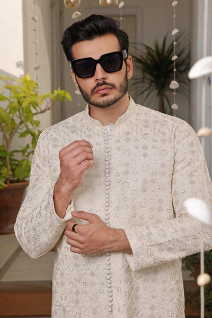 Luxury Beige Embroidered Kurta Pyjama