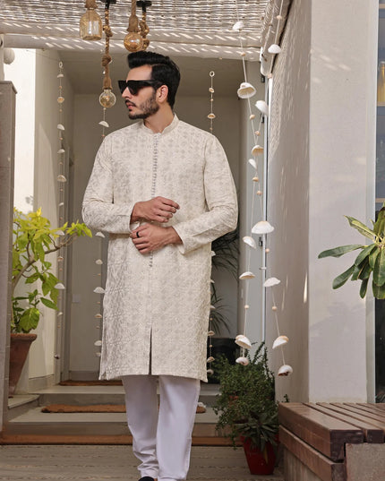 Luxury Beige Embroidered Kurta Pyjama
