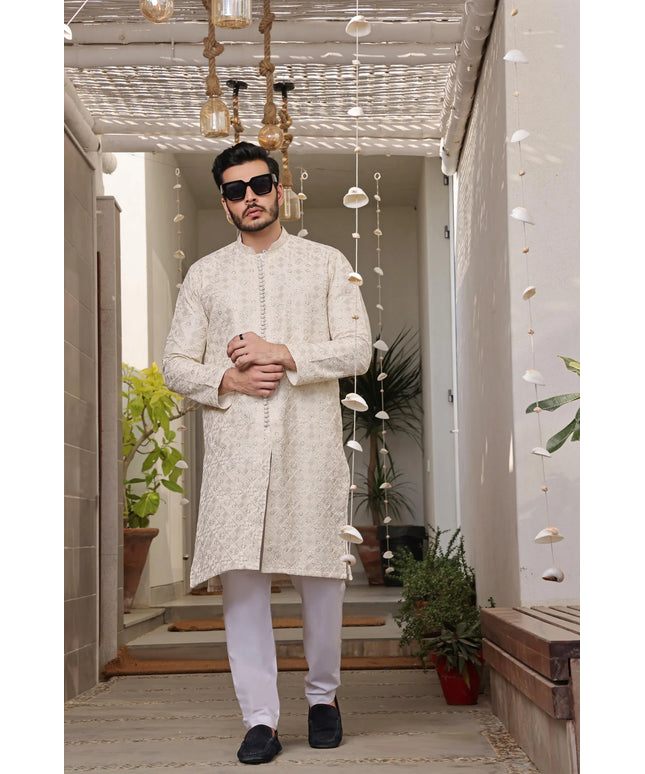 Luxury Beige Embroidered Kurta Pyjama