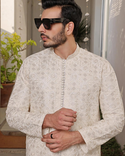 Luxury Beige Embroidered Kurta Pyjama