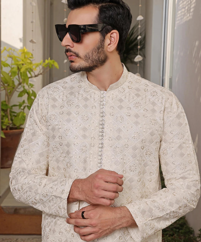 Luxury Beige Embroidered Kurta Pyjama