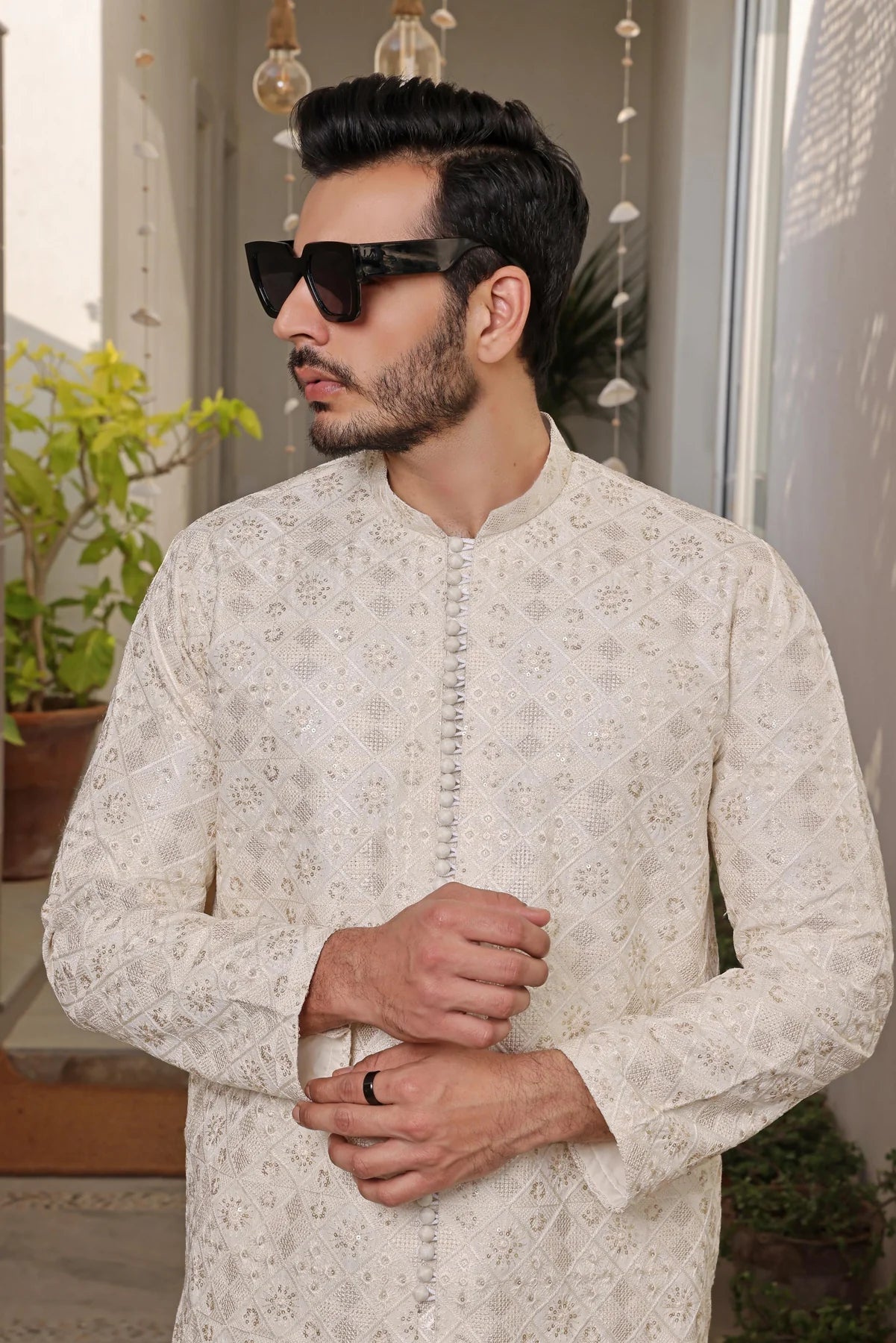 Luxury Beige Embroidered Kurta Pyjama