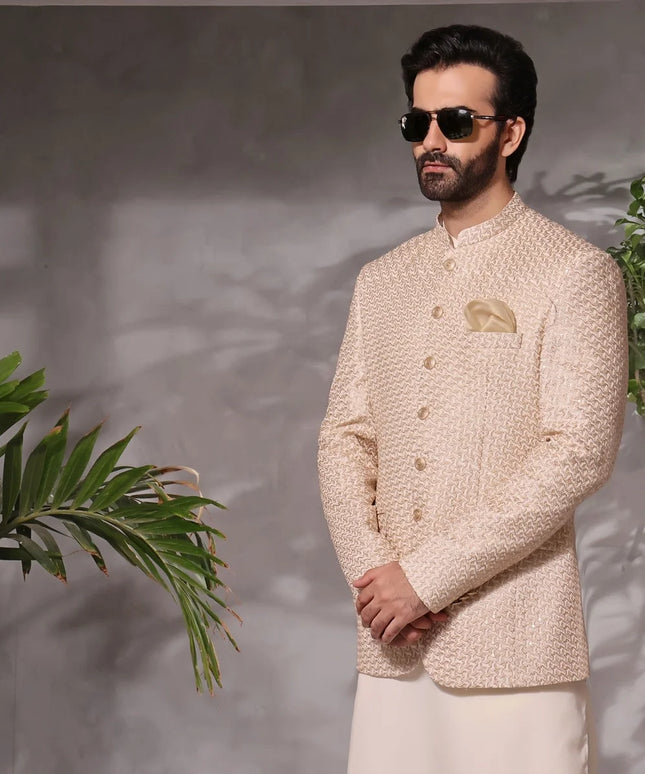 Luxury Cream Silk Embroidered Kurta Pyjama Set