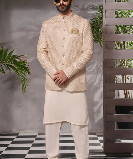 Luxury Cream Silk Embroidered Kurta Pyjama Set