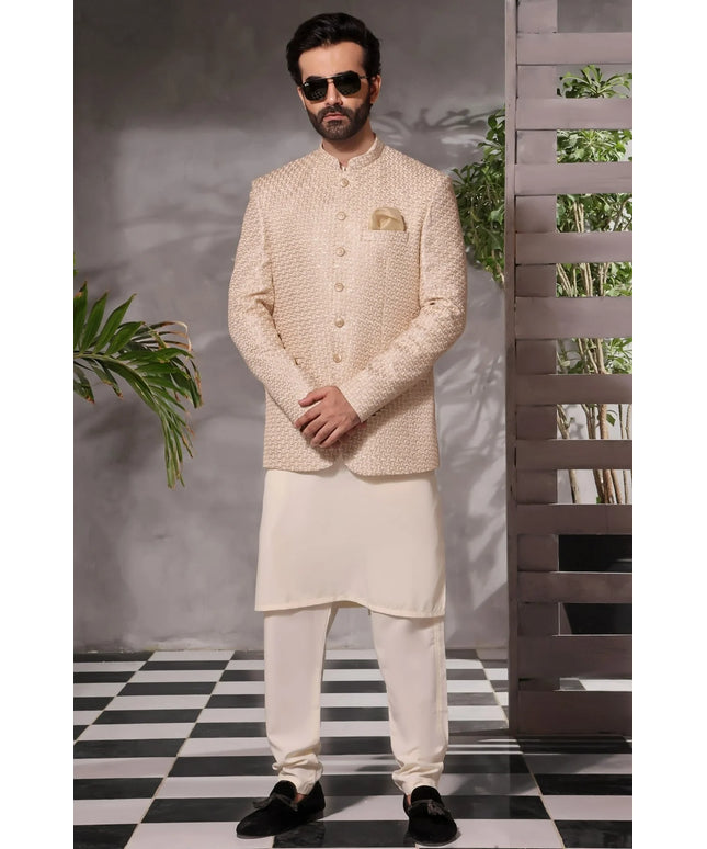 Luxury Cream Silk Embroidered Kurta Pyjama Set