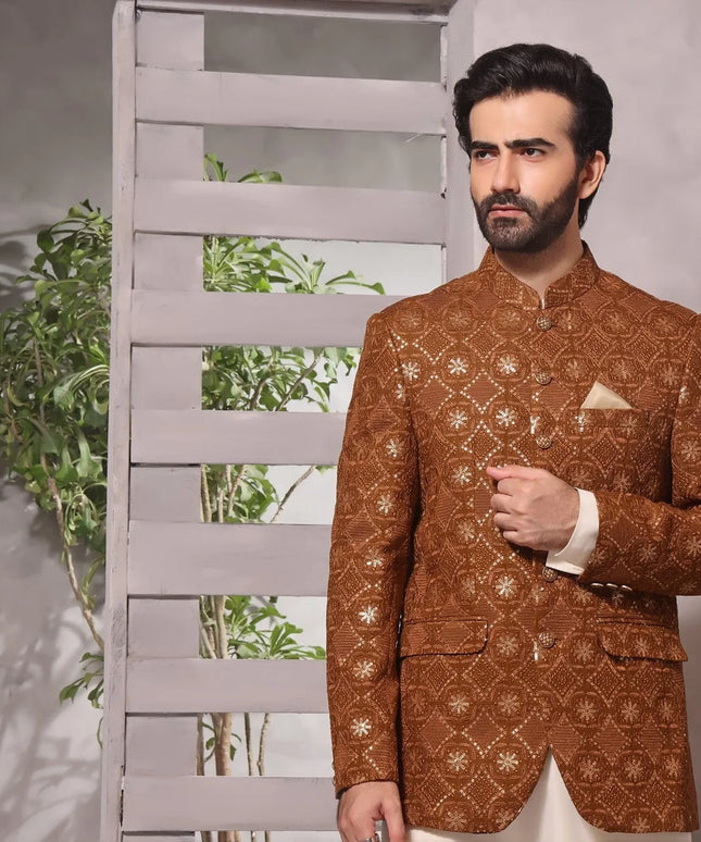 Rust Luxury Silk Embroidered Kurta Pyjama Set