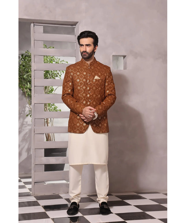 Rust Luxury Silk Embroidered Kurta Pyjama Set