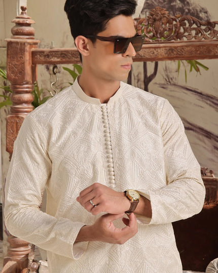 Luxury Beige Cotton Silk Kurta Pyjama Set