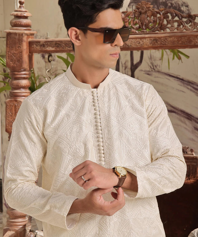 Luxury Beige Cotton Silk Kurta Pyjama Set