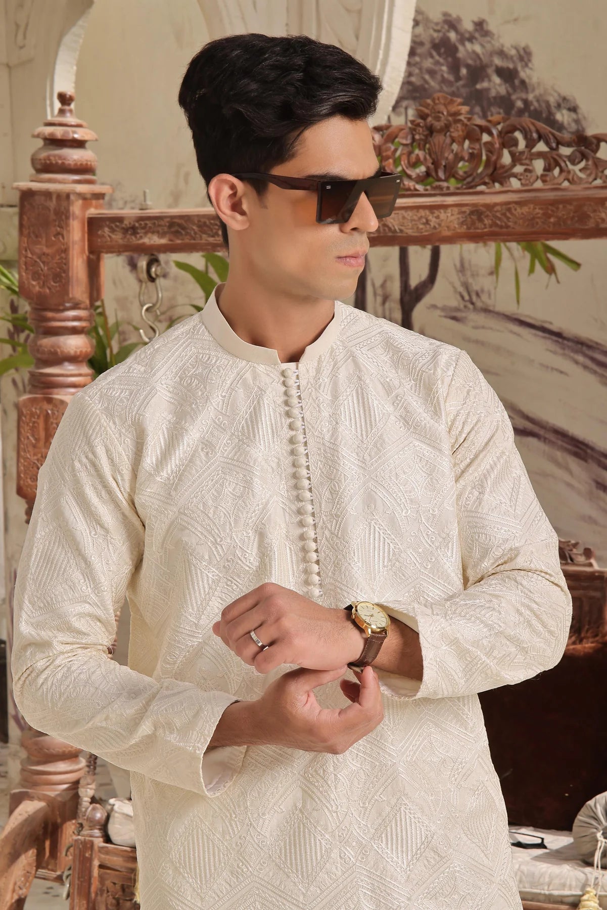 Luxury Beige Cotton Silk Kurta Pyjama Set