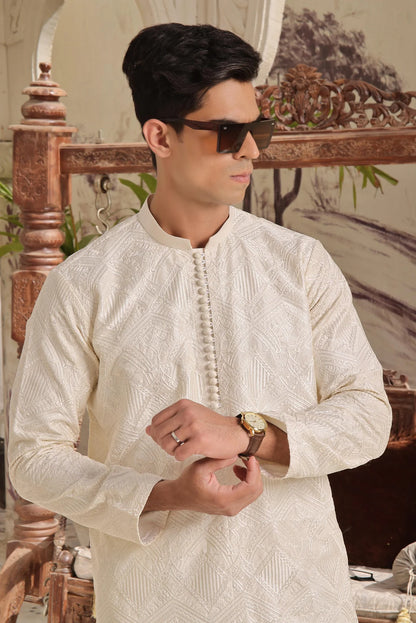 Luxury Beige Cotton Silk Kurta Pyjama Set
