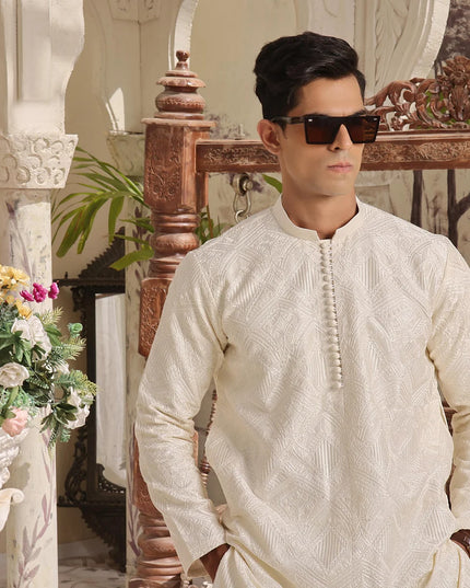 Luxury Beige Cotton Silk Kurta Pyjama Set