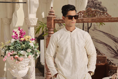 Luxury Beige Cotton Silk Kurta Pyjama Set