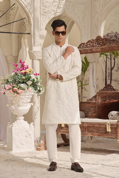 Luxury Beige Cotton Silk Kurta Pyjama Set