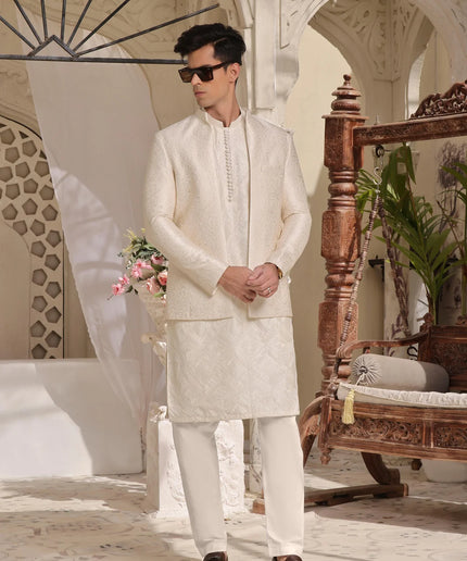 Luxury Beige Cotton Silk Kurta Pyjama Set