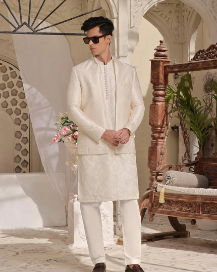 Luxury Beige Cotton Silk Kurta Pyjama Set