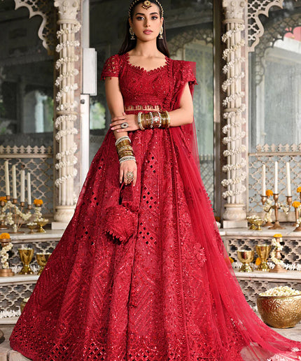 Qalamkar | Red Raw Silk Hand Embroidered Lehenga