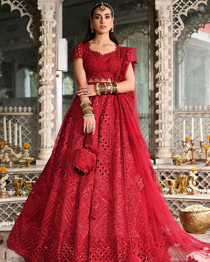 Qalamkar | Red Raw Silk Hand Embroidered Lehenga