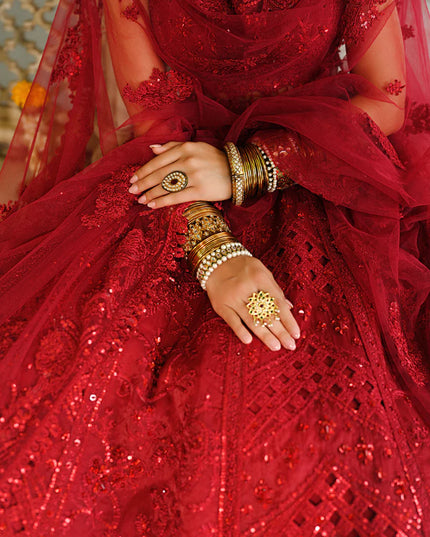 Qalamkar | Red Raw Silk Hand Embroidered Lehenga
