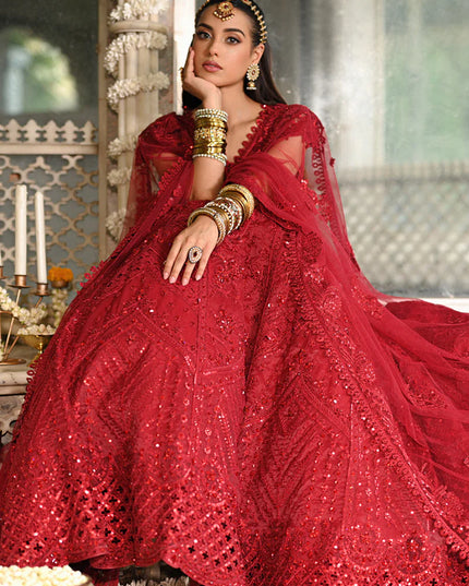Qalamkar | Red Raw Silk Hand Embroidered Lehenga