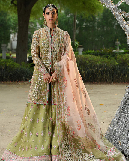 Qalamkar | Pistachio Green Net Embroidered Sharara