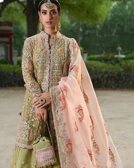 Qalamkar | Pistachio Green Net Embroidered Sharara