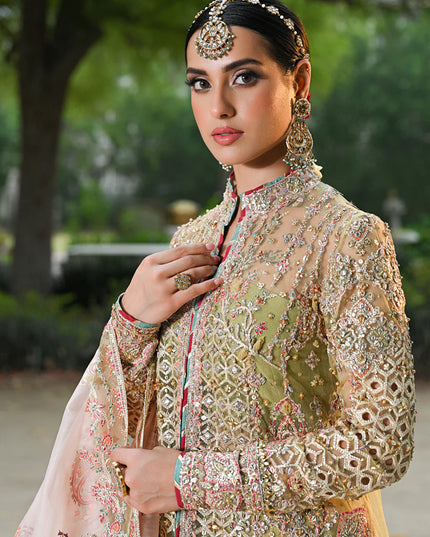 Qalamkar | Pistachio Green Net Embroidered Sharara