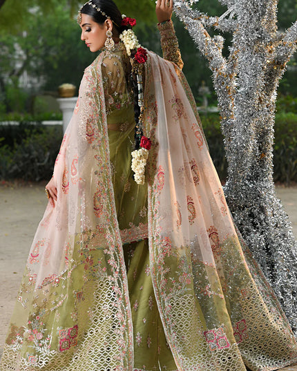 Qalamkar | Pistachio Green Net Embroidered Sharara