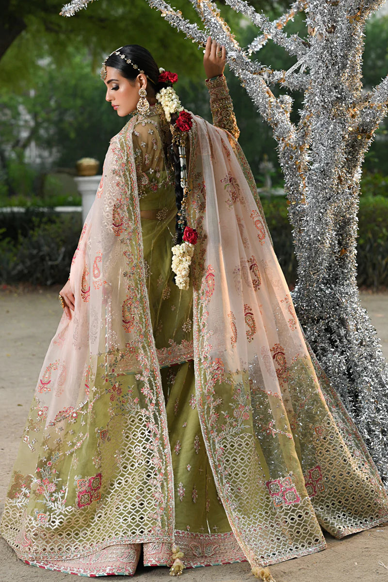 Qalamkar | Pistachio Green Net Embroidered Sharara
