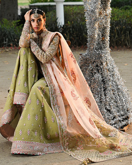 Qalamkar | Pistachio Green Net Embroidered Sharara
