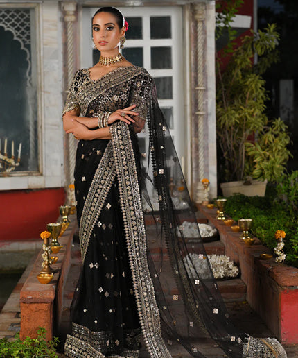 Qalamkar | Black Net Gotta Embroidered Saree