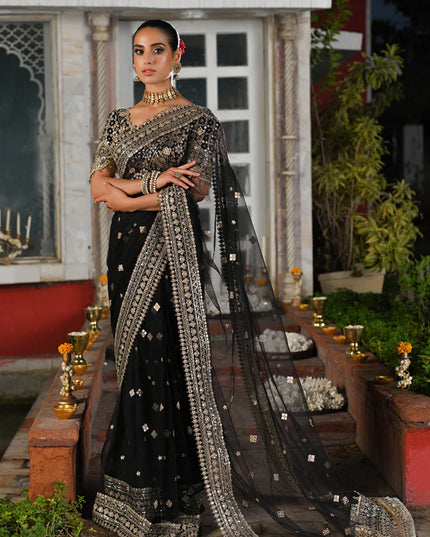 Qalamkar | Black Net Gotta Embroidered Saree