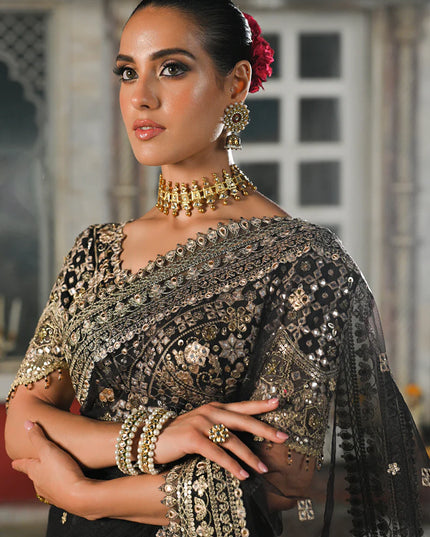 Qalamkar | Black Net Gotta Embroidered Saree