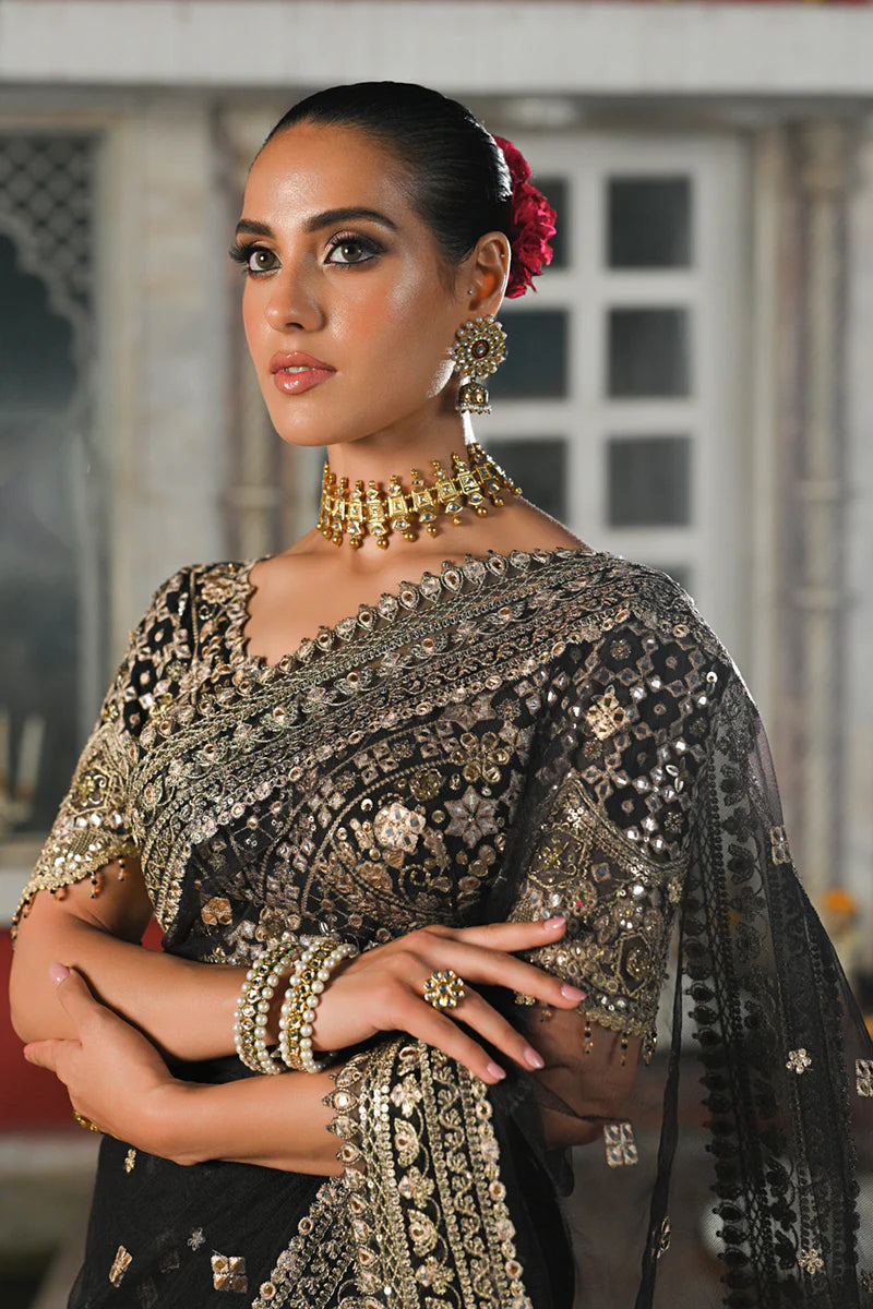 Qalamkar | Black Net Gotta Embroidered Saree