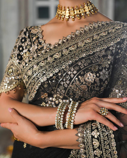 Qalamkar | Black Net Gotta Embroidered Saree