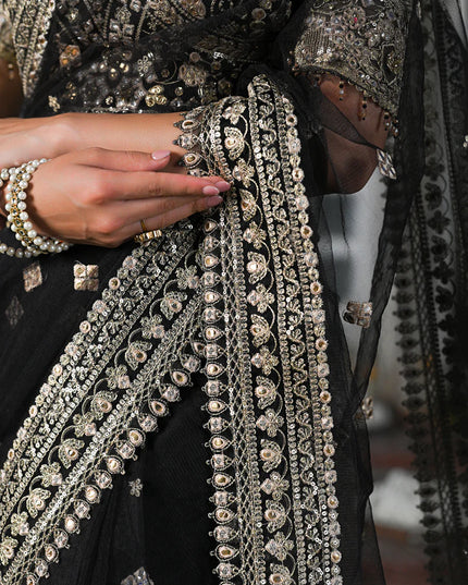 Qalamkar | Black Net Gotta Embroidered Saree