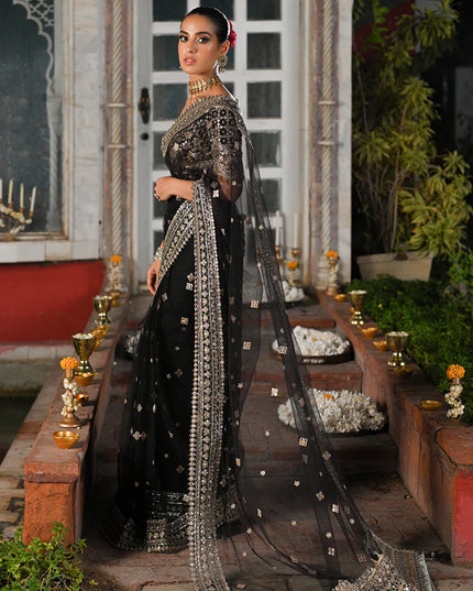 Qalamkar | Black Net Gotta Embroidered Saree