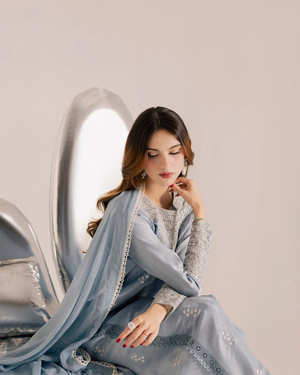 Zania | Blue Silk Chiffon Embroidered Suit