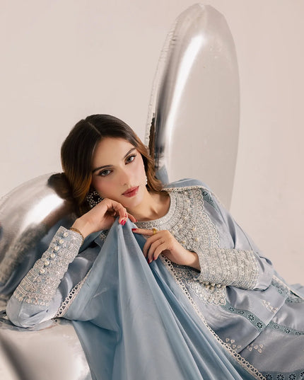 Zania | Blue Silk Chiffon Embroidered Suit