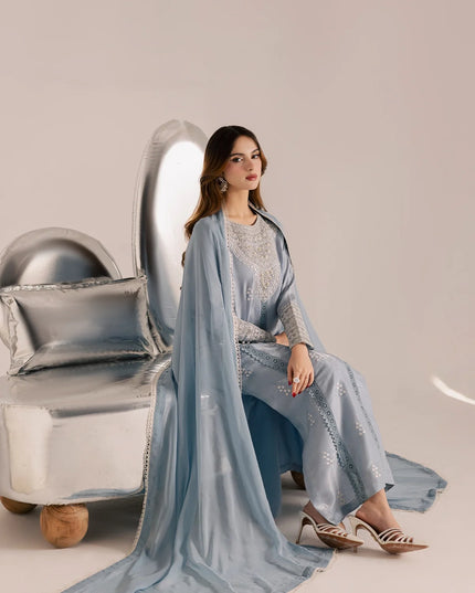 Zania | Blue Silk Chiffon Embroidered Suit