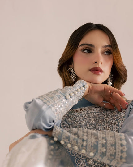 Zania | Blue Silk Chiffon Embroidered Suit