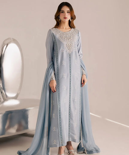 Zania | Blue Silk Chiffon Embroidered Suit