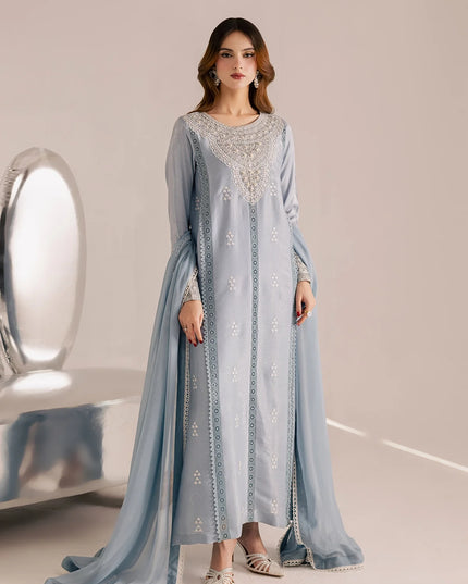 Zania | Blue Silk Chiffon Embroidered Suit