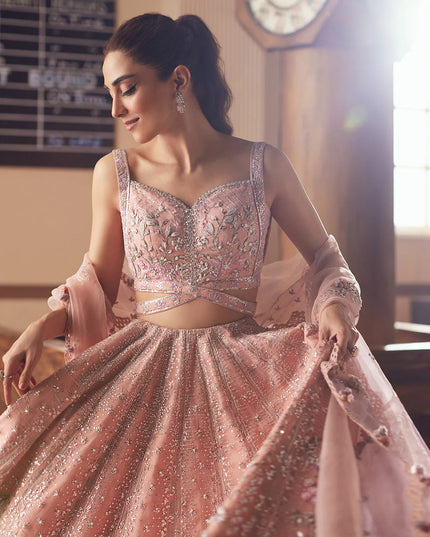Osra | Blush Pink Organza Hand Embellished Lehenga