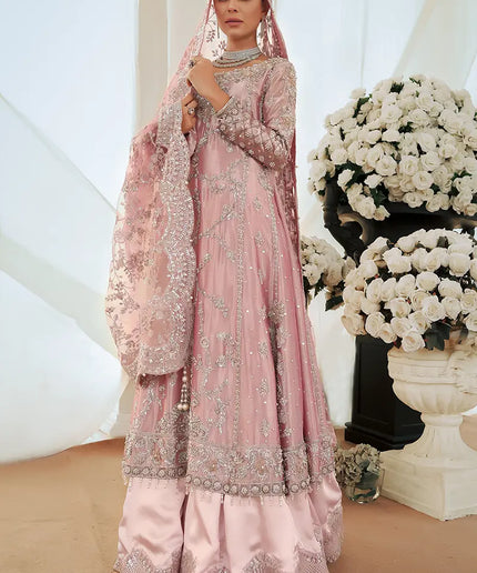 Reema | Pink Tissue Embellished Bridal Sharara Peshwas