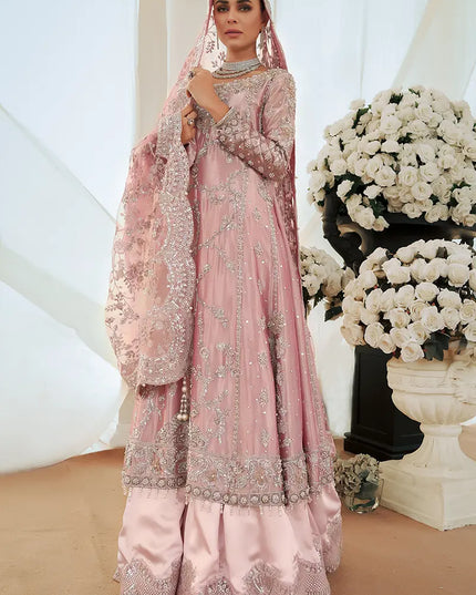 Reema | Pink Tissue Embellished Bridal Sharara Peshwas