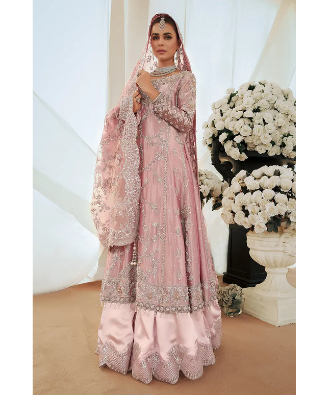 Reema | Pink Tissue Embellished Bridal Sharara Peshwas