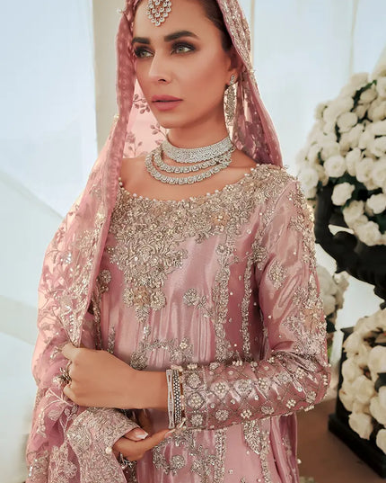 Reema | Pink Tissue Embellished Bridal Sharara Peshwas