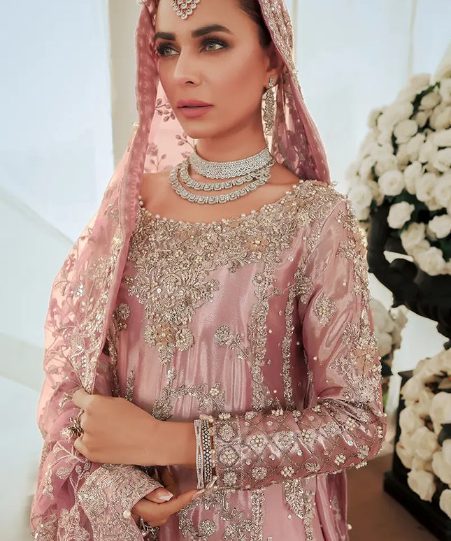 Reema | Pink Tissue Embellished Bridal Sharara Peshwas